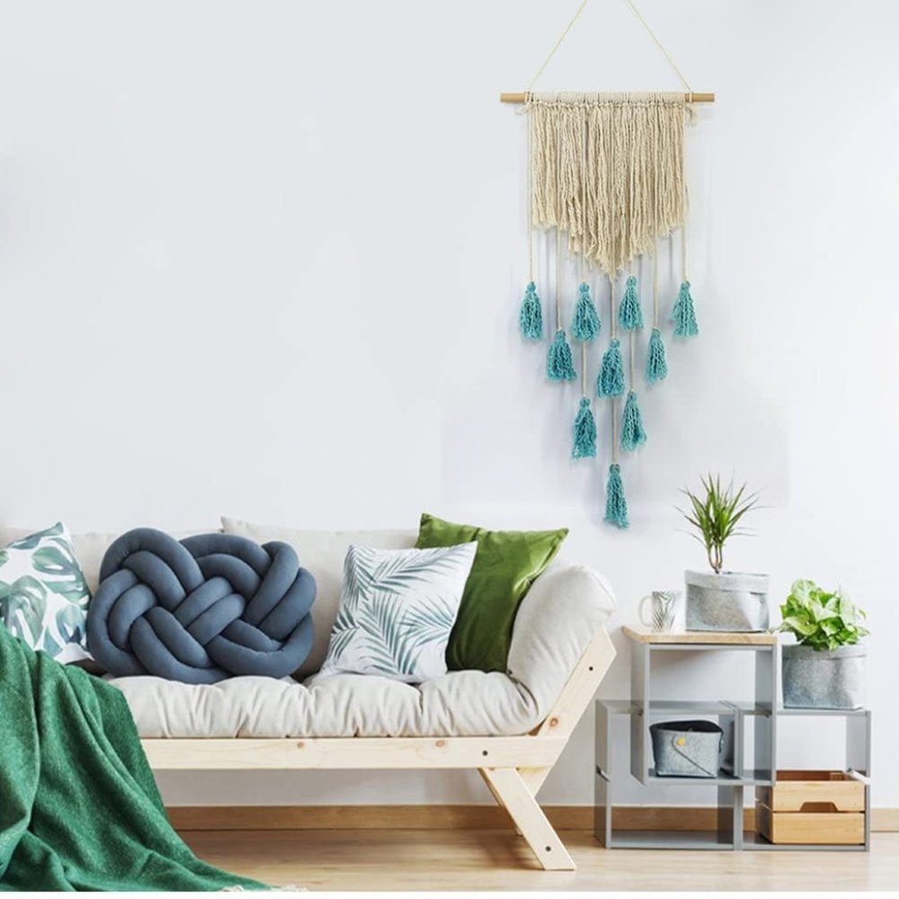 ✨ Boho Macrame Fiber Art Wall Hanging Beige & Blue